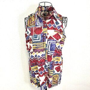 NEW YORK STUDIO Vintage Raw Silk Top Womens S Y2K Button Up Geometric Multicolor